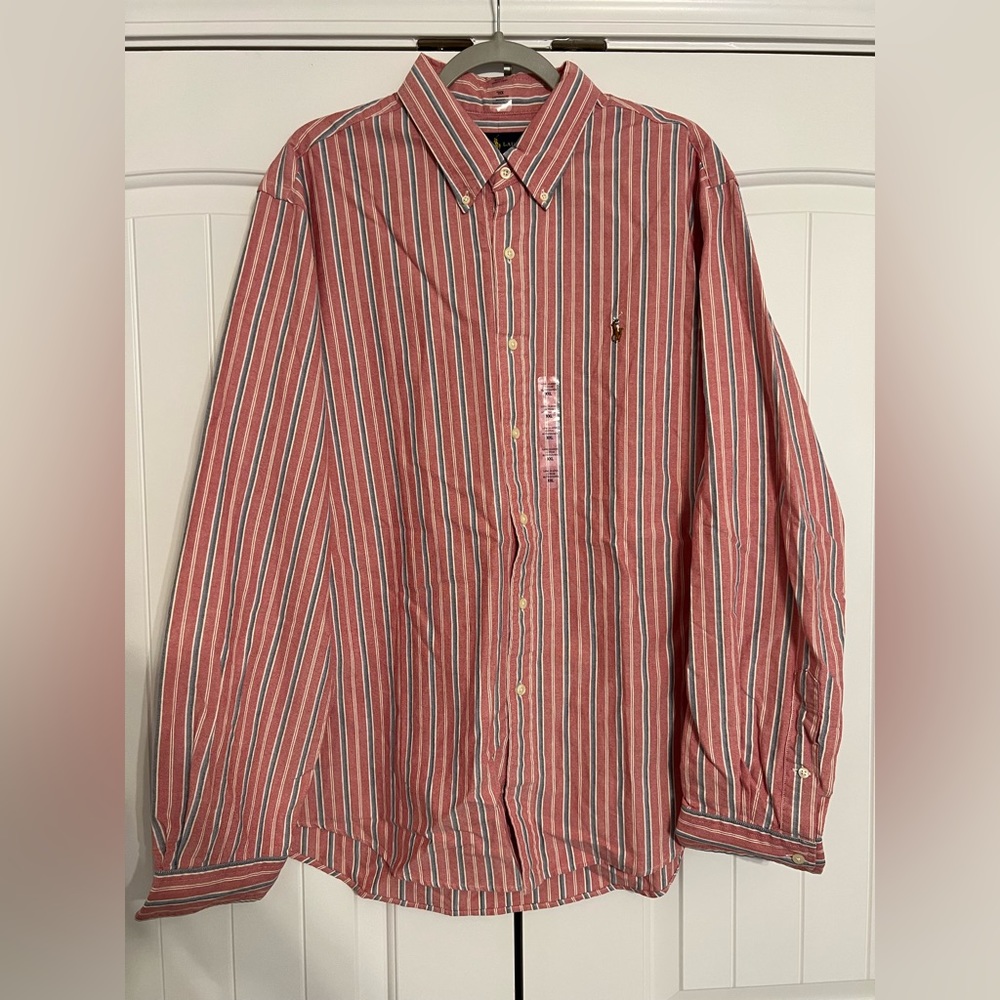 Men’s Ralph Lauren long sleeve button down XXL faded red and blue stripe - NWT!!